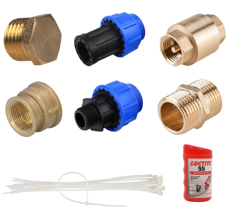 Set accesorii instalare pompa submersibila PROGARDEN, adaptoare, dop, niplu, supapa, coliere plastic, etansant, pentru Aquamatic Vario480PRO