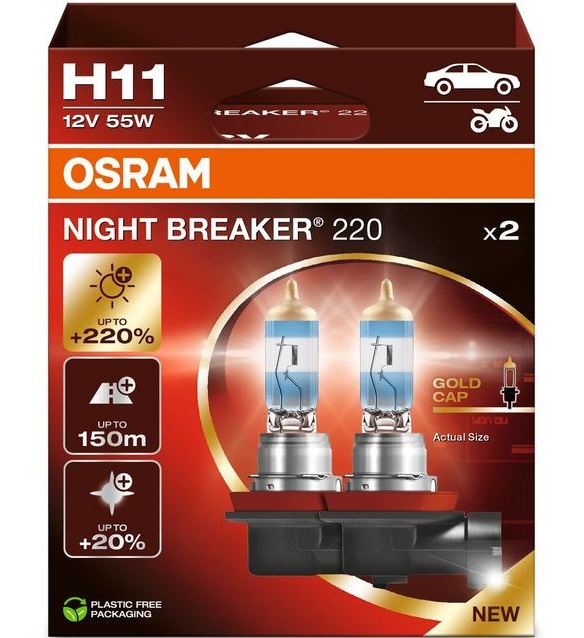 Set 2 becuri halogen auto OSRAM Night Breaker 220 64211NB220-2HB, H11, 12V, 62W, 1350 lumeni