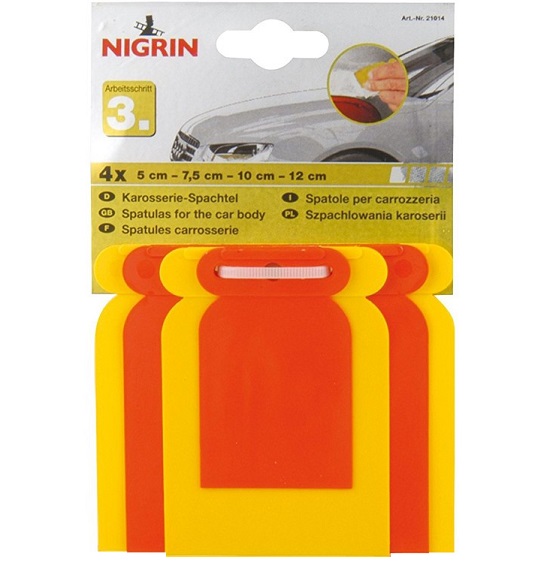 Set 4 spacluri pentru aplicare chit NIGRIN 21014, din plastic flexibil, latime 5 cm, 7.5 cm, 10 cm, 12 cm, rosu/galben