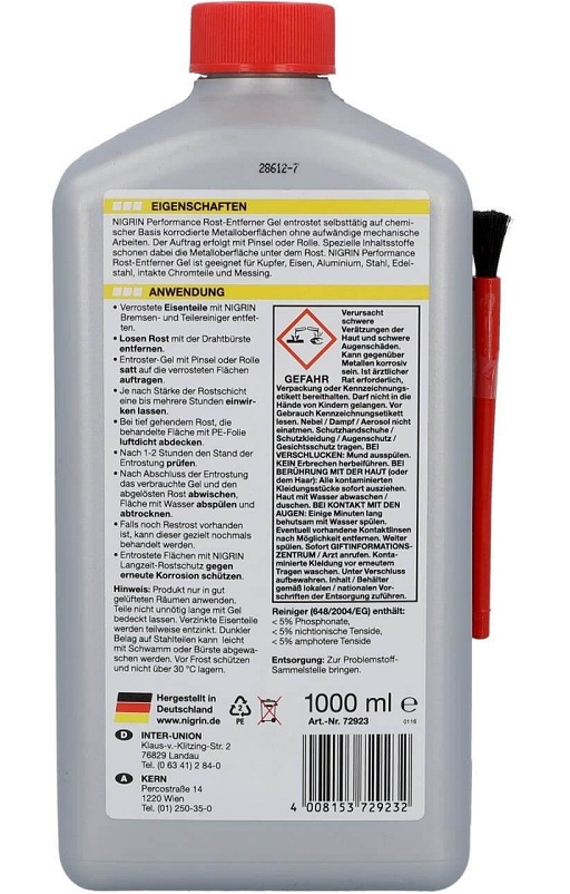 Gel pentru indepartat rugina NIGRIN Performance Rost-Entferner 72922, cu pensula, 1 litru