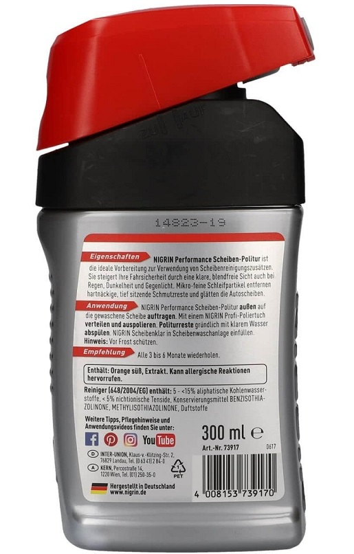 Solutie polish zgarieturi pentru suprafete sticla auto NIGRIN Performance Scheiben-Politur 73917, 300 ml