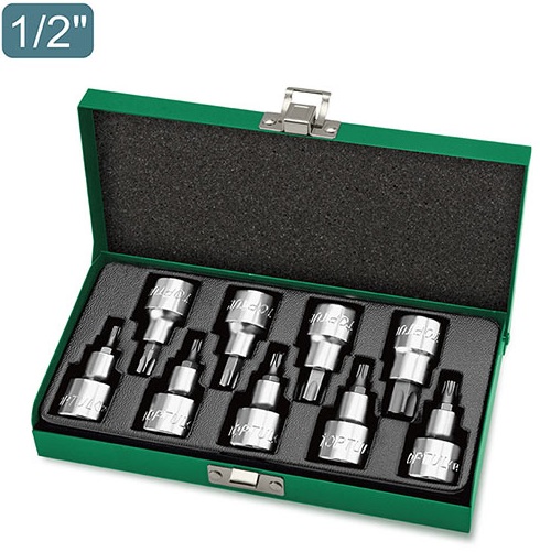 Trusa 9 tubulare biti torx TOPTUL GAAD0903, prindere patrat 1/2 inch, lungime 55 mm, profil T20-T60, cutie metalica