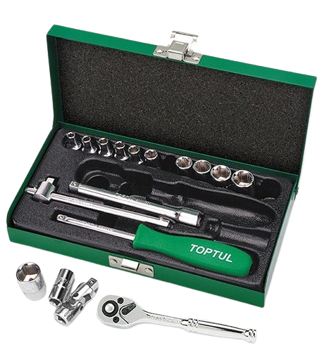 Trusa 17 piese chei tubulare TOPTUL GCAD1701, prindere patrat 1/4 inch, deschidere chei 4-13 mm, finisaj lucios, cutie metalica