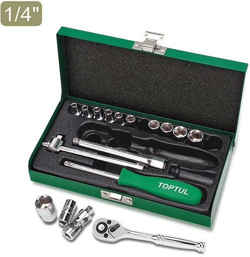 Trusa 17 piese chei tubulare TOPTUL GCAD1701, prindere patrat 1/4 inch, deschidere chei 4-13 mm, finisaj lucios, cutie metalica