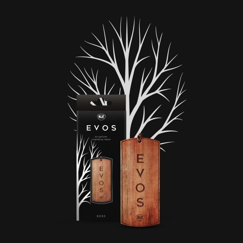 Odorizant auto premium K2 EVOS BOSS V034, tip bradut, suport carton, aroma natura
