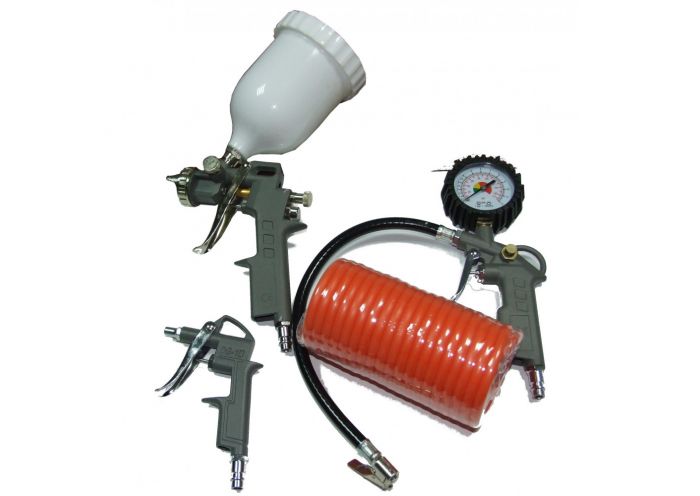 Kit 4 accesorii pneumatice STAGER 4530100004, pistol suflat, pistol manometru, pistol vopsit, furtun spiralat