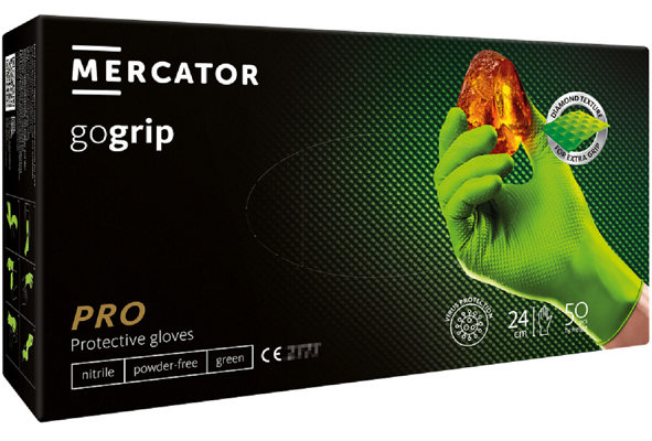 Set 50 manusi de protectie din nitril MERCATOR GoGrip 2146525, verzi, marimea M, nepudrate