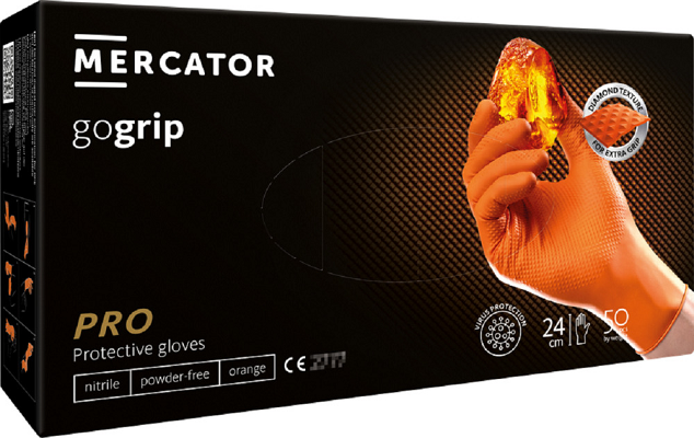 Set 50 manusi de protectie din nitril MERCATOR GoGrip 2146522, portocalii, marimea XL, nepudrate