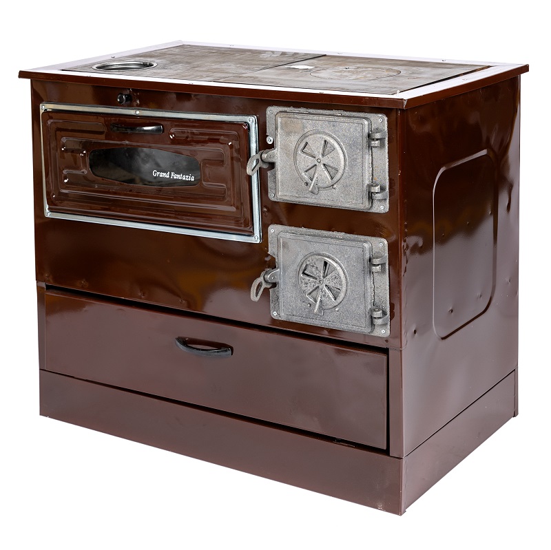 Soba pe lemne MICUL FERMIER Grand Fantazia MF-EI1005-G01, 9 kW, cos stanga, 890 x 510 x 750 mm, racord 120 mm, din otel, maro