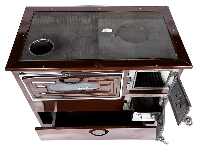 Soba pe lemne MICUL FERMIER Grand Fantazia MF-EI1005-G01, 9 kW, cos stanga, 890 x 510 x 750 mm, racord 120 mm, din otel, maro