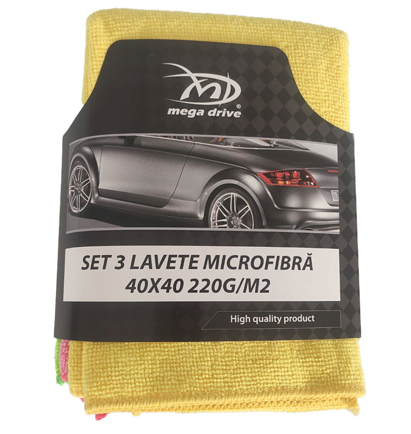 Set 3 lavete pentru curatare auto MEGA DRIVE LAT/MIKR/STD/2379, din microfibra, 40 x 40 cm, densitate 220 g/mp