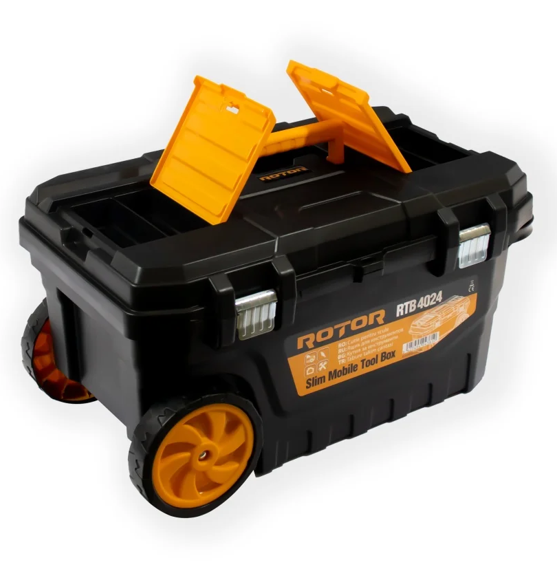 Cutie cu roti pentru transport scule ROTOR RTB-4024 14816, 650 x 400 x 350 mm, volum 91 litri, 2 compartimente, din polimer, negru/galben