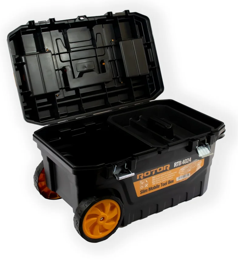 Cutie cu roti pentru transport scule ROTOR RTB-4024 14816, 650 x 400 x 350 mm, volum 91 litri, 2 compartimente, din polimer, negru/galben