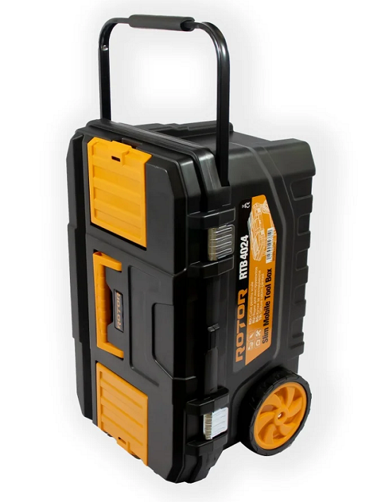 Cutie cu roti pentru transport scule ROTOR RTB-4024 14816, 650 x 400 x 350 mm, volum 91 litri, 2 compartimente, din polimer, negru/galben