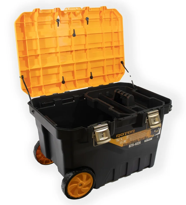 Cutie cu roti pentru transport scule ROTOR RTB-4026 14817, 725 x 500 x 465 mm, volum 168.56 litri, 1 compartiment, din polimer, negru/galben