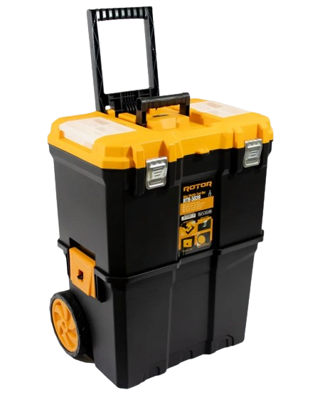 Set 2 cutii cu roti pentru transport scule ROTOR RTB-5039 14818, 485 x 330 x 625 mm, volum 100 litri, 2 compartimente, din polimer, negru/galben