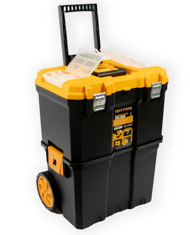 Set 2 cutii cu roti pentru transport scule ROTOR RTB-5039 14818, 485 x 330 x 625 mm, volum 100 litri, 2 compartimente, din polimer, negru/galben