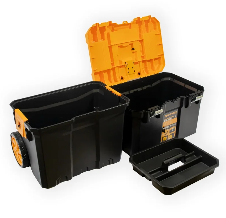 Set 2 cutii cu roti pentru transport scule ROTOR RTB-5039 14818, 485 x 330 x 625 mm, volum 100 litri, 2 compartimente, din polimer, negru/galben
