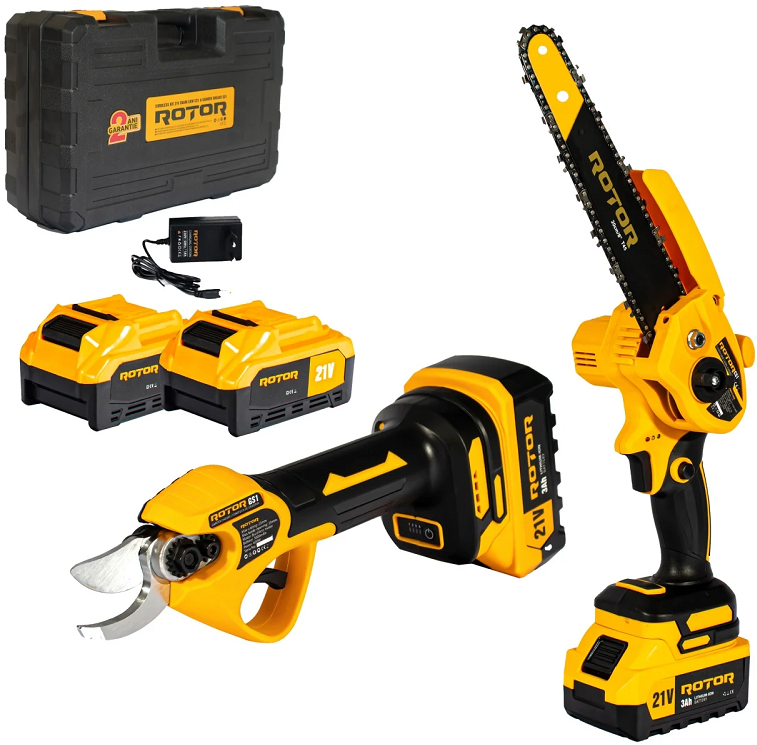 Set scule electrice pe acumulator ROTOR 14545, mini fierastrau Rotor CS1 500W, 4500 rpm, foarfeca de gradina Rotor GS1, 600 W, 2 x 21V, 3Ah