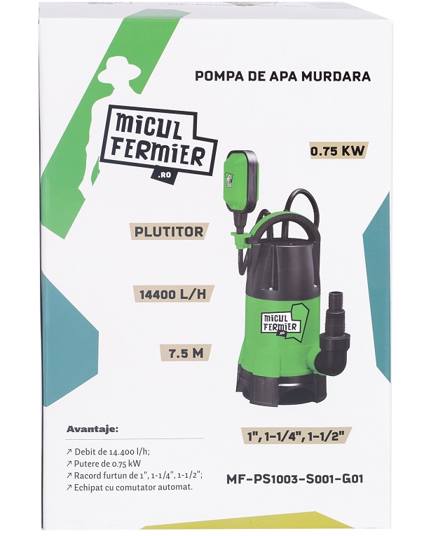 Pompa pentru apa murdara cu tocator si plutitor MICUL FERMIER MF-PS1003-S001-G01, 750W, debit 14400 l/h, inaltime pompare 7.5 m, din plastic