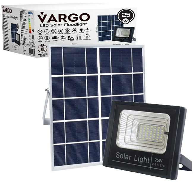 Proiector LED cu panou solar si telecomanda VARGO V-111874, 25W, 6500K, lumina rece, IP65