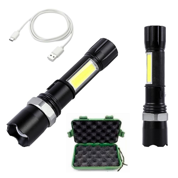 Lanterna LED din aluminiu VARGO V-114984, functie zoom 250x, 500x, 1000x, 2000x, cu acumulator, incarcare USB, neagra