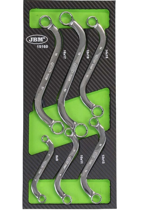 Set 6 chei inelare fixe forma S JBM 15160, 8x9 - 18x19 mm, cromate, otel crom vanadiu, in modul spuma EVA cu fibra de carbon