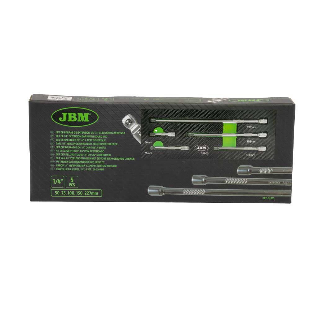 Set 5 prelungitoare chei tubulare JBM 51805, antrenor patrat 1/4 inch, lungime 50-227 mm, otel crom vanadiu, in modul spuma EVA cu fibra de carbon