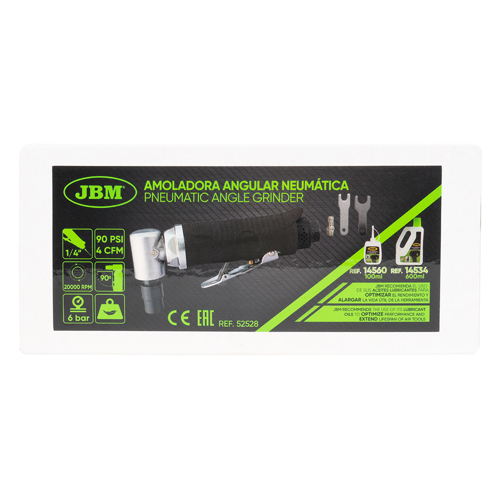 Polizor/biax unghiular pneumatic JBM 52528, unghi 90 grade, antrenor patrat 1/4 inch, cupla 1/4 inch, 20000 rpm, consum aer 113 l/min, 6.3 bar