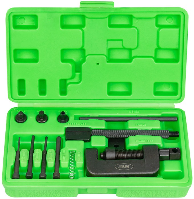 Trusa 11 piese pentru nituire lanturi motociclete JBM 53055, pini 2.2 mm, 2.9 mm, 3.8 mm, cutie depozitare