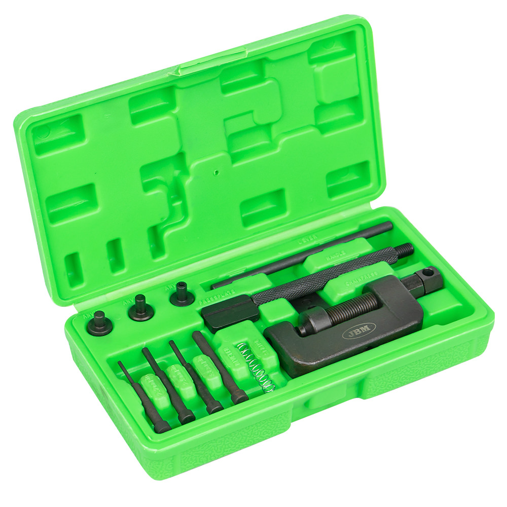 Trusa 11 piese pentru nituire lanturi motociclete JBM 53055, pini 2.2 mm, 2.9 mm, 3.8 mm, cutie depozitare