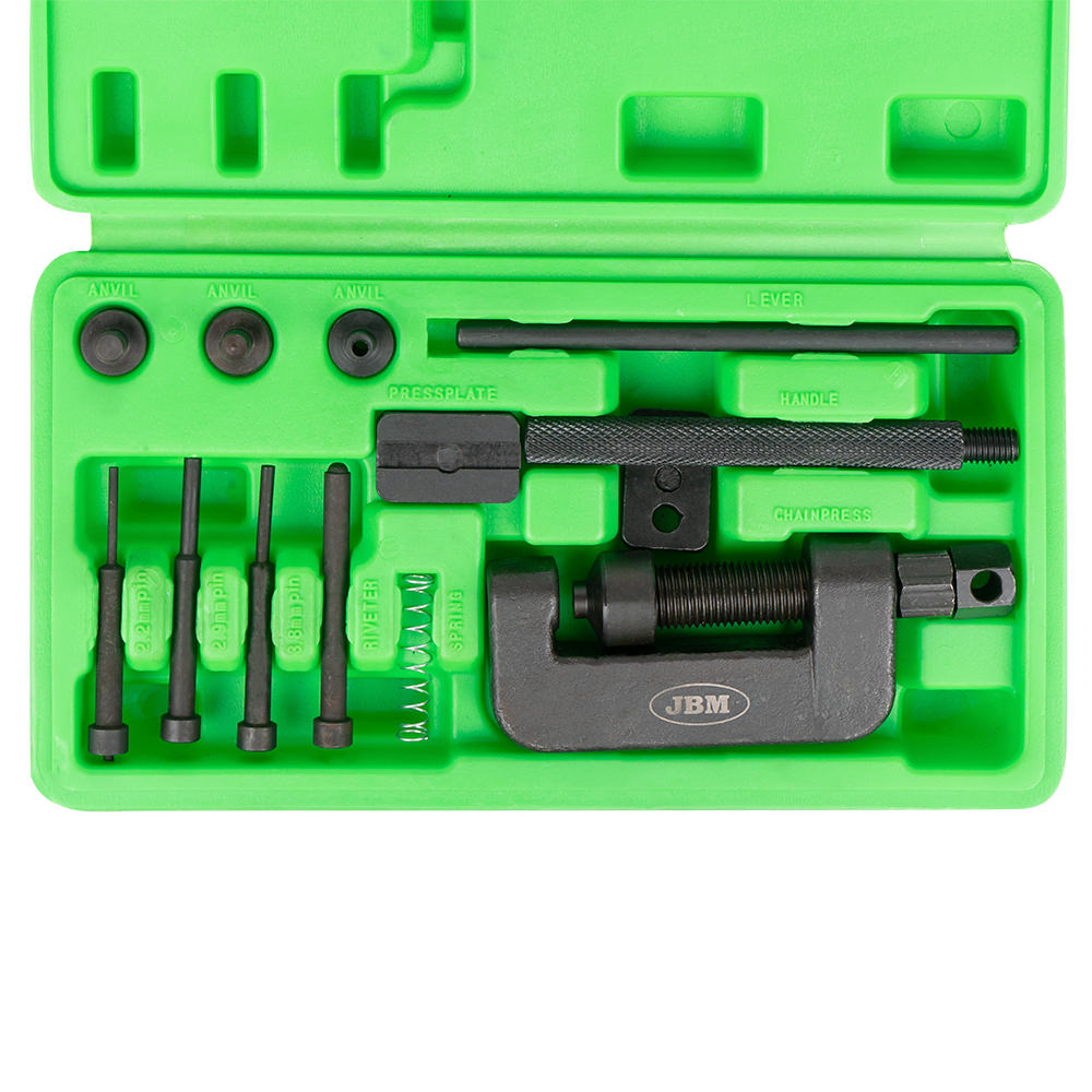 Trusa 11 piese pentru nituire lanturi motociclete JBM 53055, pini 2.2 mm, 2.9 mm, 3.8 mm, cutie depozitare