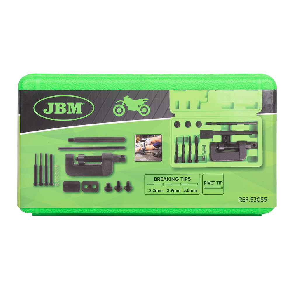 Trusa 11 piese pentru nituire lanturi motociclete JBM 53055, pini 2.2 mm, 2.9 mm, 3.8 mm, cutie depozitare