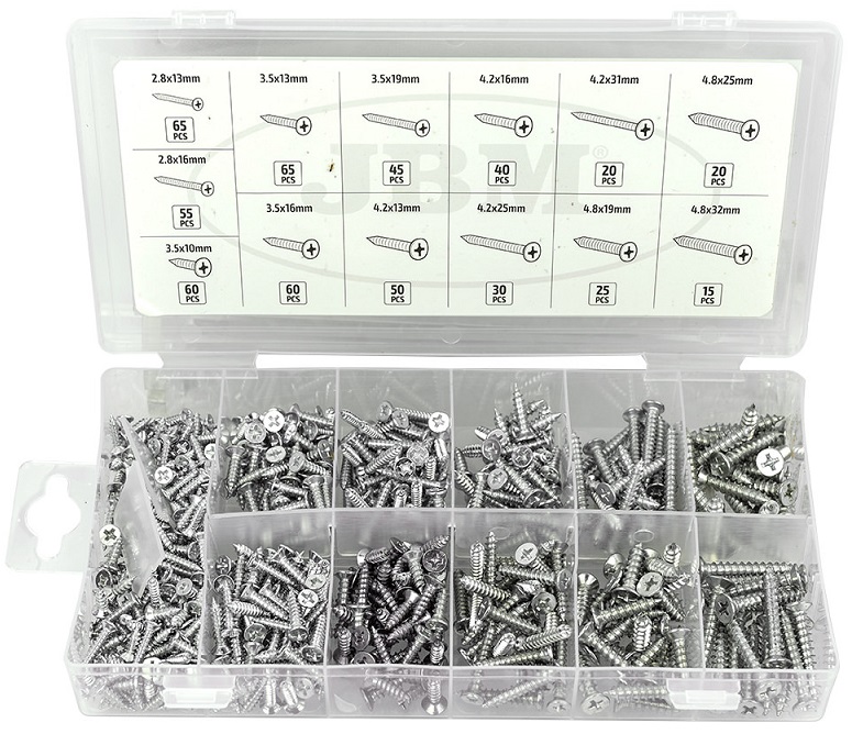 Set 550 suruburi JBM 53369, dimensiuni 2.8x13 - 4.8x32 mm, cutie organizare