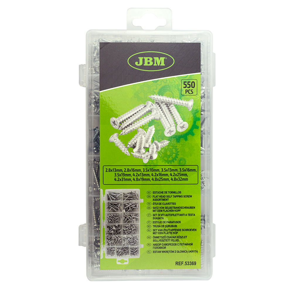 Set 550 suruburi JBM 53369, dimensiuni 2.8x13 - 4.8x32 mm, cutie organizare