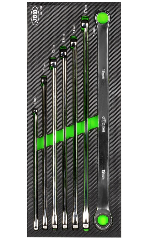 Set 7 chei inelare cu clichet JBM 54066, deschidere chei 8-19 mm, lungime 23.5-42 mm, cromate, otel crom vanadiu, in modul spuma EVA cu fibra de carbon
