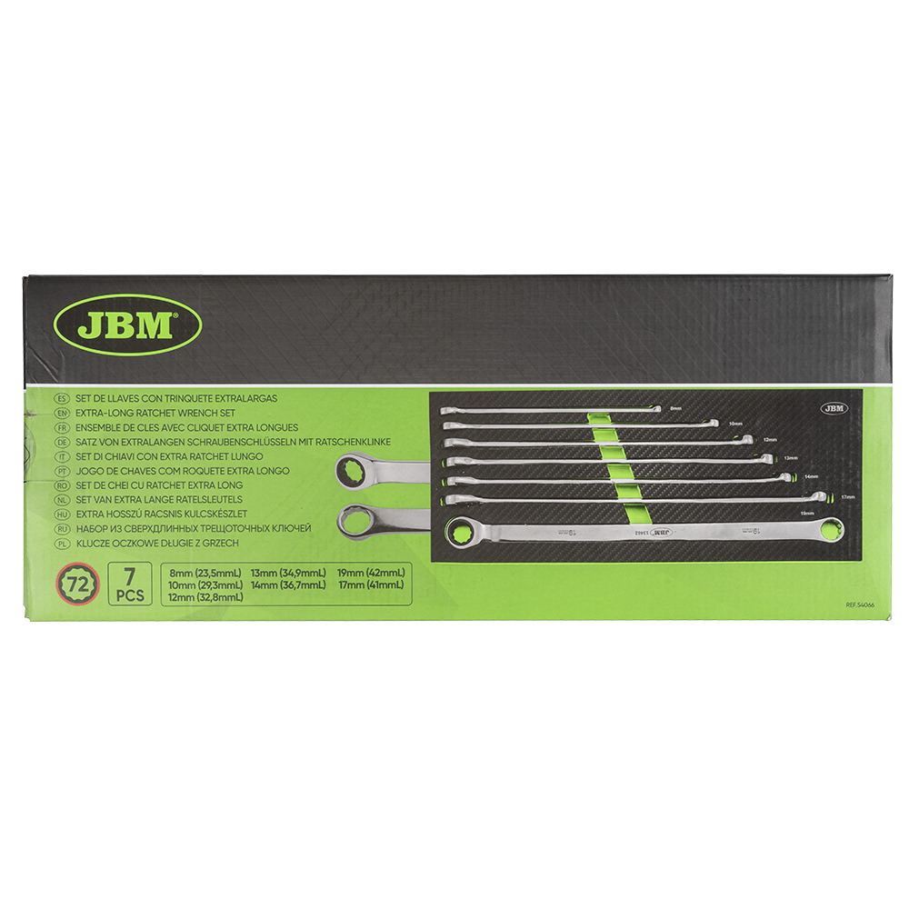 Set 7 chei inelare cu clichet JBM 54066, deschidere chei 8-19 mm, lungime 23.5-42 mm, cromate, otel crom vanadiu, in modul spuma EVA cu fibra de carbon