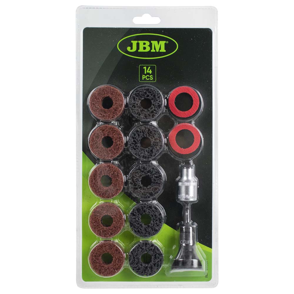 Set 14 piese pentru slefuire butuci si prezoane roti JBM 54069, adaptor 1/2 inch, 10 x discuri abrazive, 2 x garnituri interschimbabile