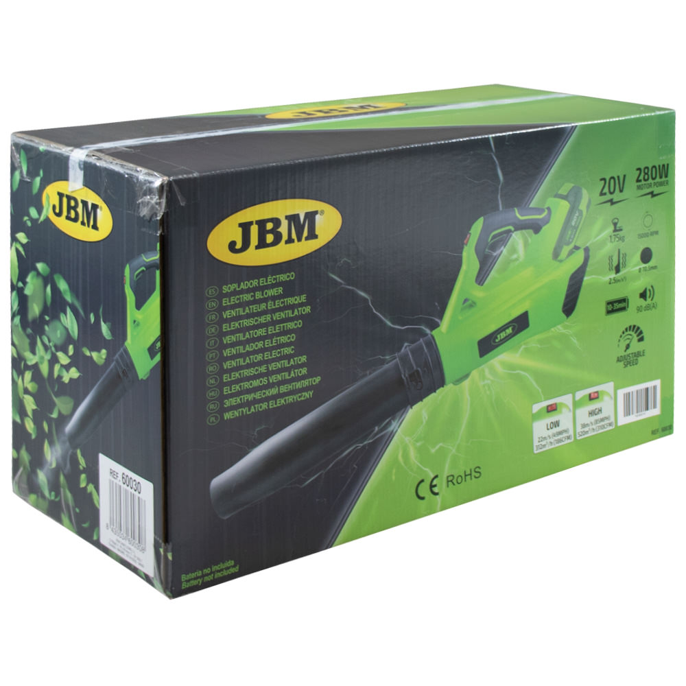 Suflanta pentru frunze pe acumulator JBM 60030, 20V, 280W, debit aer 312-520 mc/h, fara acumulator, fara incarcator