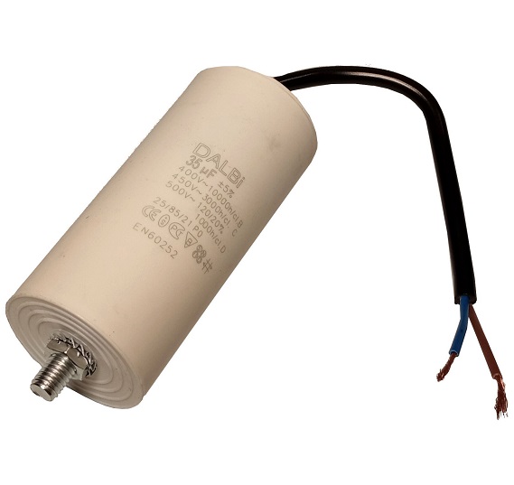 Condensator electrolitic capsulat pentru pornire motor PROGARDEN 45TF359945, 35uF, 400V, fire si prindere surub M8, 99 x 45 mm
