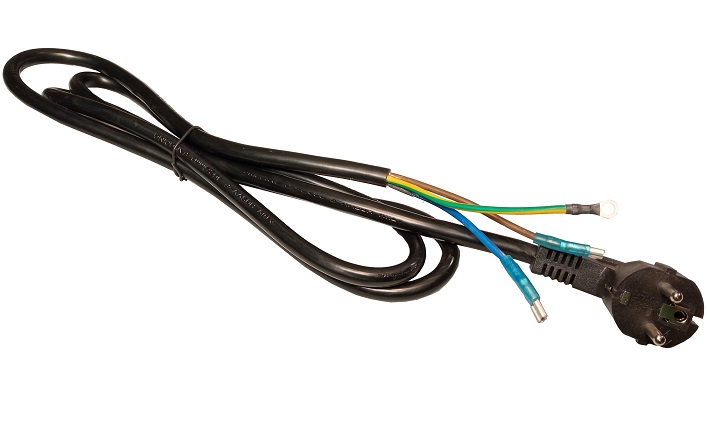 Cablu de alimentare ProWELD PW714024, MYYM / H05VV-F, 3 x 2.5 mmp, lungime 2 m, stecher Schuko, cu papuci sertizati de 6.3 mm, inel cu gaura M4