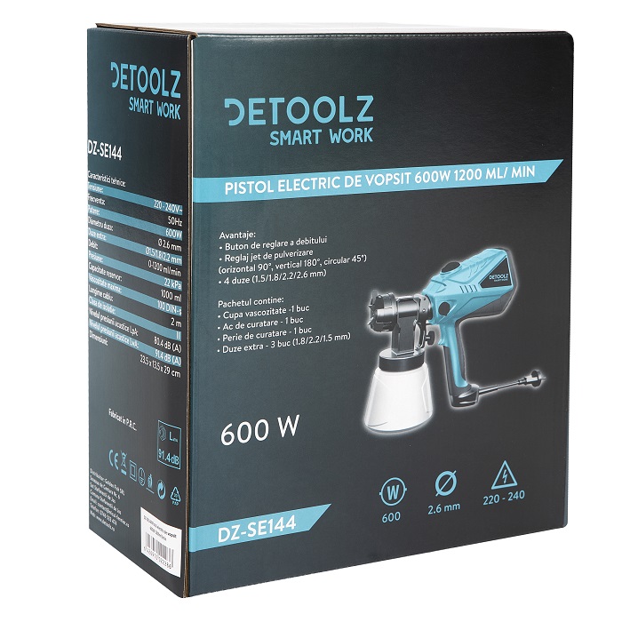 Pistol electric de vopsit Detoolz DZ-SE144, 600 W, 1200 ml/min, rezervor 1 litru, 4 duze