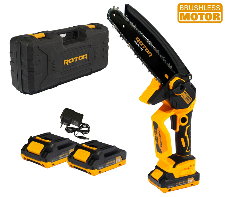 Fierastrau cu lant pe acumulator ROTOR RMC21-8 14358, lungime lama 20 cm, viteza 12 m/s, pas lant 1/4 inch, T47, cu ungere lant, 2 x acumulatori 21V, 2 Ah