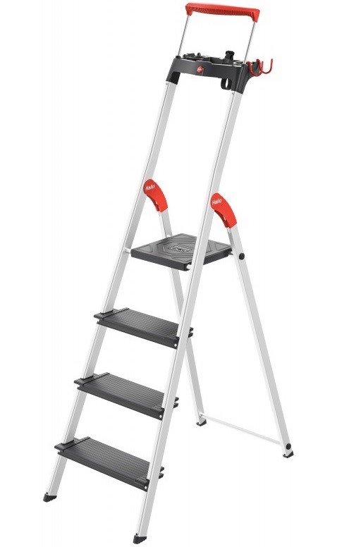 Scara pliabila HAILO L100 TopLine 8050407, 4 trepte, greutate maxima 150 kg, aluminiu, picioare antiderapante, tava multifunctionala, carlig, curea fixare