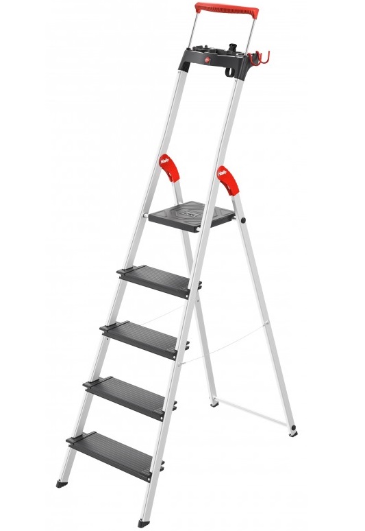 Scara pliabila HAILO L100 TopLine 8050507, 5 trepte, greutate maxima 150 kg, aluminiu, picioare antiderapante, tava multifunctionala, carlig, curea fixare