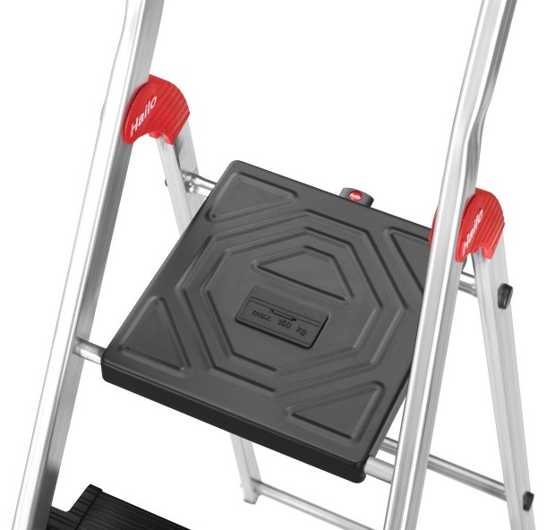 Scara pliabila HAILO L100 TopLine 8050507, 5 trepte, greutate maxima 150 kg, aluminiu, picioare antiderapante, tava multifunctionala, carlig, curea fixare