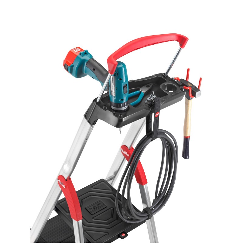 Scara pliabila HAILO L100 TopLine 8050507, 5 trepte, greutate maxima 150 kg, aluminiu, picioare antiderapante, tava multifunctionala, carlig, curea fixare