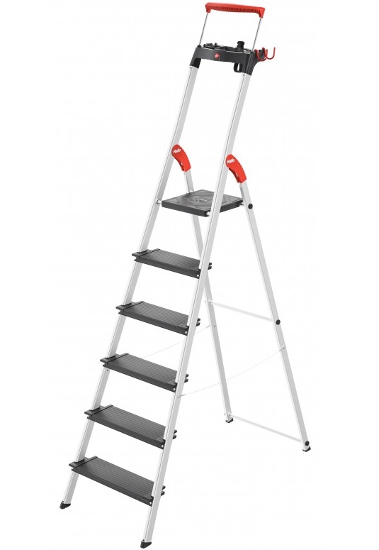 Scara pliabila HAILO L100 TopLine 8050607, 6 trepte, greutate maxima 150 kg, aluminiu, picioare antiderapante, tava multifunctionala, carlig, curea fixare