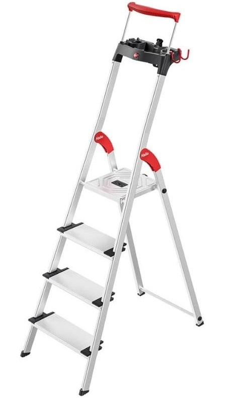 Scara pliabila HAILO TopLine L95 8050437, 4 trepte, greutate maxima 150 kg, aluminiu, picioare antiderapante, tava pentru scule, pentru uz casnic