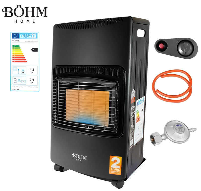 Soba pe gaz GPL pliabila BOHM BF-003B 14831, 4.20 kW, 3 trepte de putere, 20-80 mp, regulator GPL + furtun GPL 1.5 m